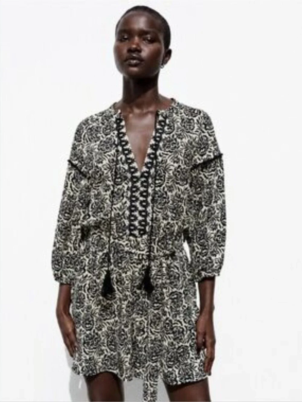 Zara | Black Printed Linen Balloon Sleeve Short Romper Size Large
